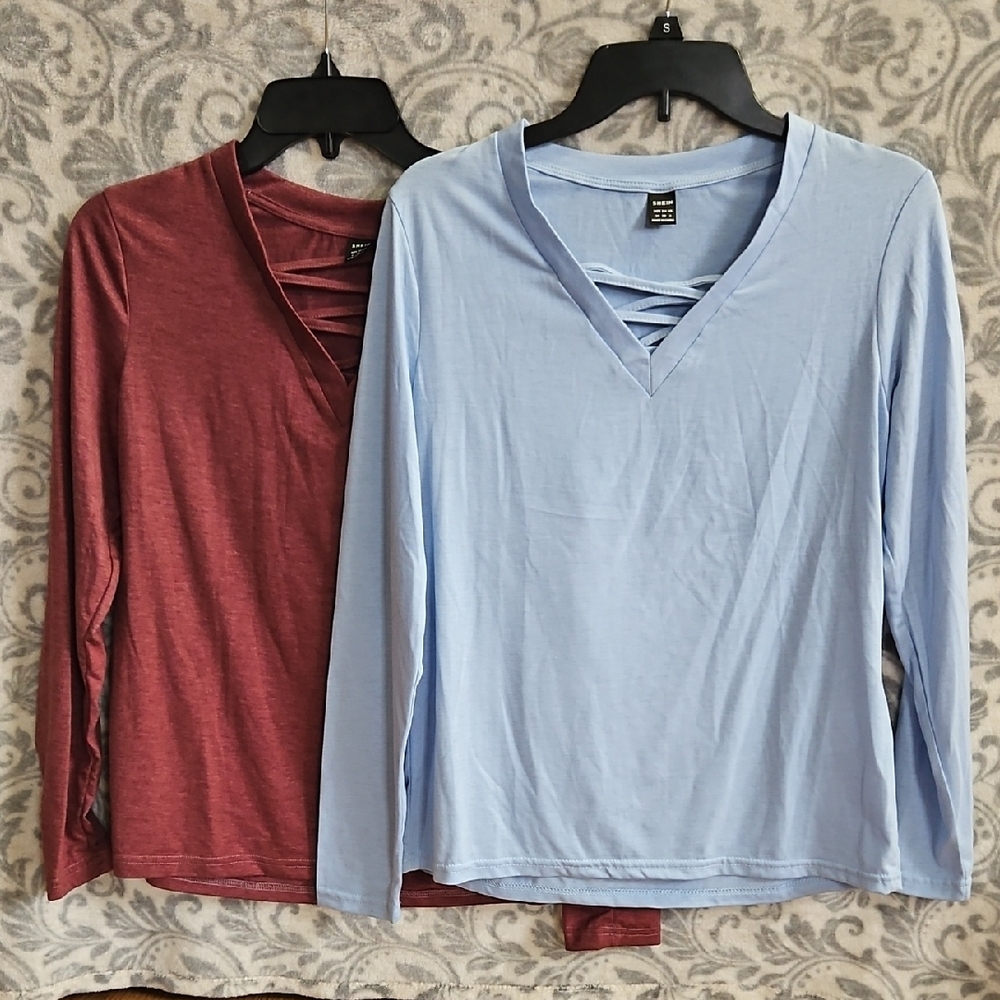 SHEIN Maroon and Blue Long Sleeve Cut Out Set Of 2 Tees New!